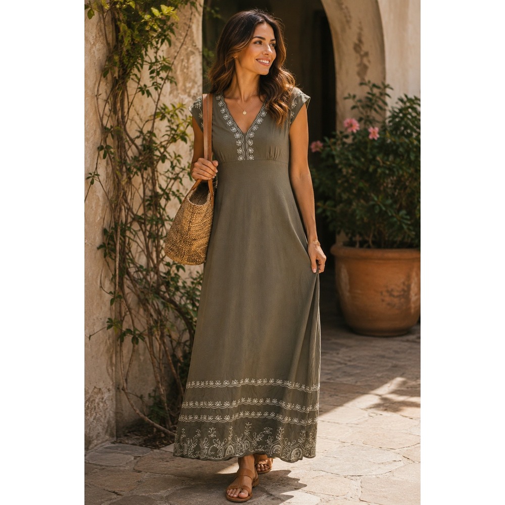 BCBGMAXAZRIA Maxi Dress Womens L Olive Brown Embroidered Boho Resort V Neck